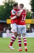12 July 2023; Mark Doyle of St Patrick's Athletic, right, celebrates with teammate Anto Breslin after scoring their side's first goal during the UEFA Europa Conference League First Qualifying Round 1st Leg match between F91 Diddeleng and St Patrick's Athletic at Stade Jos Nosbaum in Dudelange, Luxembourg. Photo by Gerry Schmit/Sportsfile
