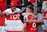 12 July 2023; A St Patrick's Athletic supporter embraces Chris Forrester of St Patrick's Athletic after the UEFA Europa Conference League First Qualifying Round 1st Leg match between F91 Diddeleng and St Patrick's Athletic at Stade Jos Nosbaum in Dudelange, Luxembourg. Photo by Gerry Schmit/Sportsfile