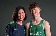 13 July 2023; Race walker Seamus Clarke with his mother, Olympian Deirdre Gallagher, who competed for Ireland at the 1996 Atlanta Olympics in race walking, during a Team Ireland portrait session at the Olympic Federation of Ireland offices ahead of the 2023 Summer European Youth Olympic Festival, which takes place from 23rd to 29th July in Maribor, Slovenia. The Olympic Federation will have a team of 44 youth athletes competing across five sports at the multi-sport event. Photo by Brendan Moran/Sportsfile