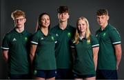 13 July 2023; Swimmers, from left, Sean Donnellan, Ava Jones, Gene Smith, Niamh Connery and Denis O'Brien during a Team Ireland portrait session at the Olympic Federation of Ireland offices ahead of the 2023 Summer European Youth Olympic Festival, which takes place from 23rd to 29th July in Maribor, Slovenia. The Olympic Federation will have a team of 44 youth athletes competing across five sports at the multi-sport event. Photo by Brendan Moran/Sportsfile