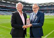 14 July 2023; Uachtarán Chumann Lúthchleas Gael Larry McCarthy, right, with Poc Fada Hall of Fame 2023 recipient Pat Hartigan during the launch of the M. Donnelly MyClubShop.ie Poc Fada at Croke Park in Dublin. Photo by Ben McShane/Sportsfile