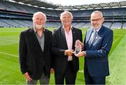 14 July 2023; Uachtarán Chumann Lúthchleas Gael Larry McCarthy, right, with Poc Fada Hall of Fame 2023 recipient Pat Hartigan, centre, and event sponsor Martin Donnelly during the launch of the M. Donnelly MyClubShop.ie Poc Fada at Croke Park in Dublin. Photo by Ben McShane/Sportsfile