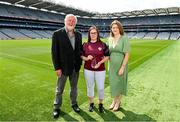 14 July 2023; President of the Camogie Association Hilda Breslin, right, with Poc Fada Hall of Fame 2023 recipeint Stephanie Gannon and event sponsor Martin Donnelly during the launch of the M. Donnelly MyClubShop.ie Poc Fada at Croke Park in Dublin. Photo by Ben McShane/Sportsfile