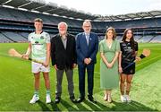 14 July 2023; In attendance, from left, reigning champion Killian Phelan of Kilkenny, event sponsor Martin Donnelly, Uachtarán Chumann Lúthchleas Gael Larry McCarthy, President of the Camogie Association Hilda Breslin and Hazel Austin of Dublin during the launch of the M. Donnelly MyClubShop.ie Poc Fada at Croke Park in Dublin. Photo by Ben McShane/Sportsfile