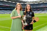 14 July 2023; President of the Camogie Association Hilda Breslin with Hazel Austin of Dublin during the launch of the M. Donnelly MyClubShop.ie Poc Fada at Croke Park in Dublin. Photo by Ben McShane/Sportsfile