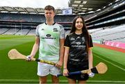 14 July 2023; Reigning champion Killian Phelan of Kilkenny, left, and Hazel Austin of Dublin during the launch of the M. Donnelly MyClubShop.ie Poc Fada at Croke Park in Dublin. Photo by Ben McShane/Sportsfile
