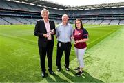14 July 2023; Chairman of the Poc Fada Tomás Ó Riain with Poc Fada Hall of Fame 2023 recipients Pat Hartigan and Stephanie Gannon during the launch of the M. Donnelly MyClubShop.ie Poc Fada at Croke Park in Dublin. Photo by Ben McShane/Sportsfile