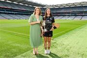 14 July 2023; President of the Camogie Association Hilda Breslin with Hazel Austin of Dublin during the launch of the M. Donnelly MyClubShop.ie Poc Fada at Croke Park in Dublin. Photo by Ben McShane/Sportsfile