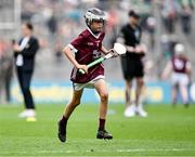 8 July 2023; Lewis Meehan, St. Aidan's NS., Rossinver, Leitrim, representing Galway, during the GAA INTO Cumann na mBunscol Respect Exhibition Go Games at the GAA Hurling All-Ireland Senior Championship semi-final match between Limerick and Galway at Croke Park in Dublin. Photo by Piaras Ó Mídheach/Sportsfile