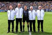 9 July 2023; Referee Colm Lyons with his match officials before the GAA Hurling All-Ireland Senior Championship semi-final match between Kilkenny and Clare at Croke Park in Dublin. Photo by Piaras Ó Mídheach/Sportsfile