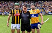 9 July 2023; Referee Colm Lyons with team captains Eoin Cody of Kilkenny and Tony Kelly of Clare toss before the GAA Hurling All-Ireland Senior Championship semi-final match between Kilkenny and Clare at Croke Park in Dublin. Photo by Piaras Ó Mídheach/Sportsfile