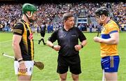 9 July 2023; Referee Colm Lyons with team captains Eoin Cody of Kilkenny and Tony Kelly of Clare toss before the GAA Hurling All-Ireland Senior Championship semi-final match between Kilkenny and Clare at Croke Park in Dublin. Photo by Piaras Ó Mídheach/Sportsfile