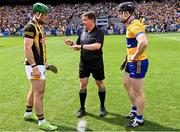 9 July 2023; Referee Colm Lyons with team captains Eoin Cody of Kilkenny and Tony Kelly of Clare for the coin toss before the GAA Hurling All-Ireland Senior Championship semi-final match between Kilkenny and Clare at Croke Park in Dublin. Photo by Piaras Ó Mídheach/Sportsfile