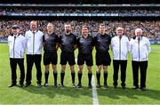 9 July 2023; Referee Colm Lyons with his match officials before the GAA Hurling All-Ireland Senior Championship semi-final match between Kilkenny and Clare at Croke Park in Dublin. Photo by Piaras Ó Mídheach/Sportsfile