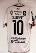 13 July 2023; The jersey of Greg Sloggett hangs in the Dundalk dressing room before the UEFA Europa Conference League First Qualifying Round 1st Leg match between FC Bruno's Magpies and Dundalk at Victoria Stadium in Gibraltar. Photo by Gerry Scully/Sportsfile
