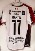 13 July 2023; The jersey of John Martin hangs in the Dundalk dressing room before the UEFA Europa Conference League First Qualifying Round 1st Leg match between FC Bruno's Magpies and Dundalk at Victoria Stadium in Gibraltar. Photo by Gerry Scully/Sportsfile