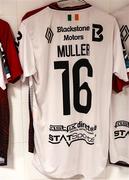 13 July 2023; The jersey of Hayden Muller hangs in the Dundalk dressing room before the UEFA Europa Conference League First Qualifying Round 1st Leg match between FC Bruno's Magpies and Dundalk at Victoria Stadium in Gibraltar. Photo by Gerry Scully/Sportsfile