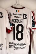 13 July 2023; The jersey of Robert McCourt hangs in the Dundalk dressing room before the UEFA Europa Conference League First Qualifying Round 1st Leg match between FC Bruno's Magpies and Dundalk at Victoria Stadium in Gibraltar. Photo by Gerry Scully/Sportsfile