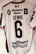 13 July 2023; The jersey of Alfie Lewis hangs in the Dundalk dressing room before the UEFA Europa Conference League First Qualifying Round 1st Leg match between FC Bruno's Magpies and Dundalk at Victoria Stadium in Gibraltar. Photo by Gerry Scully/Sportsfile