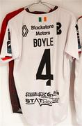 13 July 2023; The jersey of Andy Boyle hangs in the Dundalk dressing room before the UEFA Europa Conference League First Qualifying Round 1st Leg match between FC Bruno's Magpies and Dundalk at Victoria Stadium in Gibraltar. Photo by Gerry Scully/Sportsfile