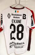 13 July 2023; The jersey of O'Kane Ryan hangs in the Dundalk dressing room before the UEFA Europa Conference League First Qualifying Round 1st Leg match between FC Bruno's Magpies and Dundalk at Victoria Stadium in Gibraltar. Photo by Gerry Scully/Sportsfile