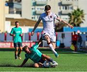 13 July 2023; Darragh Leahy of Dundalk in action against Liam Nash of FC Bruno's Magpies during the UEFA Europa Conference League First Qualifying Round 1st Leg match between FC Bruno's Magpies and Dundalk at Victoria Stadium in Gibraltar. Photo by Gerry Scully/Sportsfile