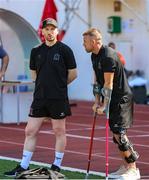 13 July 2023; Dundalk head coach Stephen O'Donnell and injured Dundalk player Keith Ward before the UEFA Europa Conference League First Qualifying Round 1st Leg match between FC Bruno's Magpies and Dundalk at Victoria Stadium in Gibraltar. Photo by Gerry Scully/Sportsfile