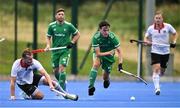 13 July 2023; Louis Rowe of Ireland in action against Moritz Frey of Austria during the Men's Hockey International match between Ireland v Austria at the Sport Ireland Campus in Dublin. Photo by Brendan Moran/Sportsfile