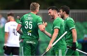 13 July 2023; Conor Empey of Ireland, left, celebrates with teammate Nicholas Page after scoring their side's first goal during the Men's Hockey International match between Ireland v Austria at the Sport Ireland Campus in Dublin. Photo by Brendan Moran/Sportsfile