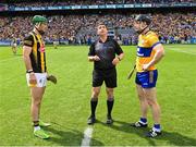 9 July 2023; Referee Colm Lyons with team captains Eoin Cody of Kilkenny and Tony Kelly of Clare for the coin toss before the GAA Hurling All-Ireland Senior Championship semi-final match between Kilkenny and Clare at Croke Park in Dublin. Photo by Piaras Ó Mídheach/Sportsfile