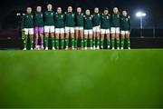 14 July 2023; Republic of Ireland players, from left, Katie McCabe, Courtney Brosnan, Louise Quinn, Niamh Fahey, Megan Connolly, Ruesha Littlejohn, Denise O'Sullivan, Heather Payne, Sinead Farrelly, Kyra Carusa and Marissa Sheva stand for the playing of the National Anthem before the women's friendly match between Republic of Ireland and Colombia at Meakin Park in Brisbane, Australia, ahead of the start of the FIFA Women's World Cup 2023. Photo by Stephen McCarthy/Sportsfile