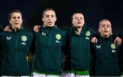 14 July 2023; Republic of Ireland players, from left, Niamh Fahey, Megan Connolly, Ruesha Littlejohn and Denise O'Sullivan stand for the playing of the National Anthem before the women's friendly match between Republic of Ireland and Colombia at Meakin Park in Brisbane, Australia, ahead of the start of the FIFA Women's World Cup 2023. Photo by Stephen McCarthy/Sportsfile