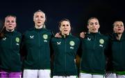14 July 2023; Republic of Ireland players, from left, Courtney Brosnan, Louise Quinn, Niamh Fahey, Megan Connolly and Ruesha Littlejohn stand for the playing of the National Anthem during the women's friendly match between Republic of Ireland and Colombia at Meakin Park in Brisbane, Australia, ahead of the start of the FIFA Women's World Cup 2023. Photo by Stephen McCarthy/Sportsfile
