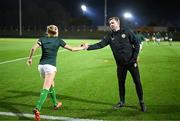 14 July 2023; Republic of Ireland assistant manager Tom Elmes and Ruesha Littlejohn before the women's friendly match between Republic of Ireland and Colombia at Meakin Park in Brisbane, Australia, ahead of the start of the FIFA Women's World Cup 2023. Photo by Stephen McCarthy/Sportsfile