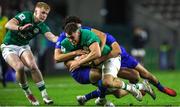 14 July 2023; Brian Gleeson of Ireland is tackled by Leo Drouet and Nicolas Depoortere of France during the U20 Rugby World Cup Final between Ireland and France at Athlone Sports Stadium in Cape Town, South Africa. Photo by Shaun Roy/Sportsfile