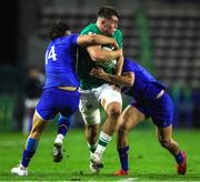 14 July 2023; Brian Gleeson of Ireland, centre, attempts to get past Leo Drouet and Nicolas Depoortere of France during the U20 Rugby World Cup Final between Ireland and France at Athlone Sports Stadium in Cape Town, South Africa. Photo by Shaun Roy/Sportsfile
