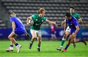 14 July 2023; Henry McErlean of Ireland, centre, in action against Nicolas Depoortere of France, right, during the U20 Rugby World Cup Final between Ireland and France at Athlone Sports Stadium in Cape Town, South Africa. Photo by Shaun Roy/Sportsfile