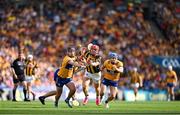 9 July 2023; Adrian Mullen of Kilkenny in action against Ian Galvin and Shane O'Donnell of Clare during the GAA Hurling All-Ireland Senior Championship semi-final match between Kilkenny and Clare at Croke Park in Dublin. Photo by Brendan Moran/Sportsfile