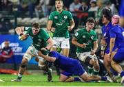 14 July 2023; Diarmuid Mangan of Ireland, left, is tackled by Pierre Jouvin of France during the U20 Rugby World Cup Final between Ireland and France at Athlone Sports Stadium in Cape Town, South Africa. Photo by Shaun Roy/Sportsfile