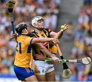 9 July 2023; Paddy Deegan of Kilkenny is tackled by David Reidy and Mark Rodgers of Clare during the GAA Hurling All-Ireland Senior Championship semi-final match between Kilkenny and Clare at Croke Park in Dublin. Photo by Brendan Moran/Sportsfile