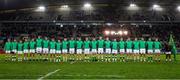 14 July 2023; Ireland players stand for the National Anthem before the during the U20 Rugby World Cup Final between Ireland and France at Athlone Sports Stadium in Cape Town, South Africa. Photo by Shaun Roy/Sportsfile