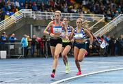 14 July 2023; Catherine Martin of City of Lisburn AC, Down, left, on her way to winning the U20 women's mile, sponsored by the Jerry Kiernan Foundation, during the 2023 Morton Games at Morton Stadium in Santry, Dublin. Photo by Sam Barnes/Sportsfile