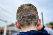 14 July 2023; The hair style worn by eight year old Shelbourne supporter Ollie Halligan before the SSE Airtricity Men's Premier Division match between Shelbourne and Bohemians at Tolka Park in Dublin. Photo by Tyler Miller/Sportsfile
