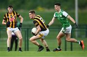 14 July 2023; Shane Kelly of Kilkenny in action against Shay Rafter of London during the GAA Football All-Ireland Junior Championship semi-final match between Kilkenny and London at the GAA Centre of Excellence in Abbotstown, Dublin. Photo by Piaras Ó Mídheach/Sportsfile