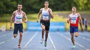 14 July 2023; Elian Larregina of Argentina, centre,  on his way to winning the Loki Sports men's 400m, ahead of Chris O'Donnell of Ireland  and North Sligo AC, left, and Joe Brier of Great Britain during the 2023 Morton Games at Morton Stadium in Santry, Dublin. Photo by Sam Barnes/Sportsfile