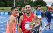14 July 2023; John Fitzsimons of Ireland and  Kildare AC, after winning the DCU men's 800m during the 2023 Morton Games at Morton Stadium in Santry, Dublin. Photo by Sam Barnes/Sportsfile