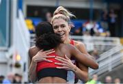 14 July 2023; Olivia Baker of USA, left, is congratulated by Allie Wilson of USA after winning the Irish Life Dublin Marathon women's 800m, during the 2023 Morton Games at Morton Stadium in Santry, Dublin. Photo by Sam Barnes/Sportsfile