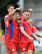 14 July 2023; Jack Moylan of Shelbourne, right, celebrates with team-mate John Ross Wilson after scoring their side's first goal during the SSE Airtricity Men's Premier Division match between Shelbourne and Bohemians at Tolka Park in Dublin. Photo by Tyler Miller/Sportsfile