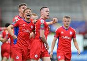 14 July 2023; Jack Moylan of Shelbourne, right, celebrates with team-mate John Ross Wilson after scoring their side's first goal during the SSE Airtricity Men's Premier Division match between Shelbourne and Bohemians at Tolka Park in Dublin. Photo by Tyler Miller/Sportsfile