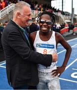 14 July 2023; Ryan Mphahlele of South Africa is congratulated by Meet Director Noel Guiden after winning the Morton Mile, sponsored by Commercial Hygiene Services during the 2023 Morton Games at Morton Stadium in Santry, Dublin. Photo by Sam Barnes/Sportsfile